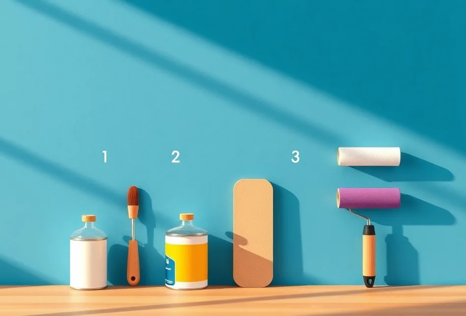 Outils de peinture disposés dans l'ordre des étapes du chantier