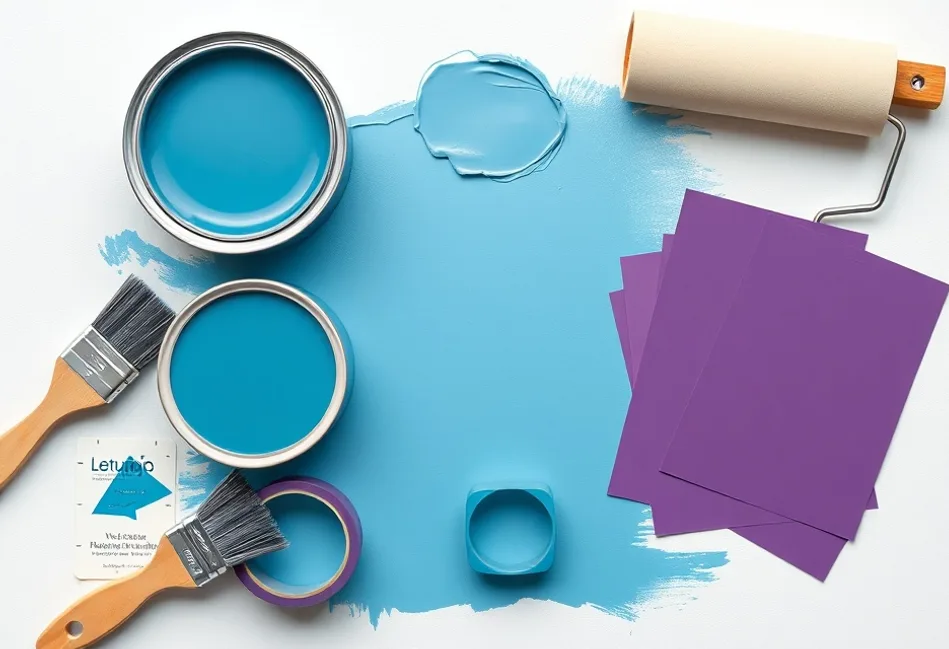 Pots de peinture, nuancier, brosses et rouleaux disposés à plat