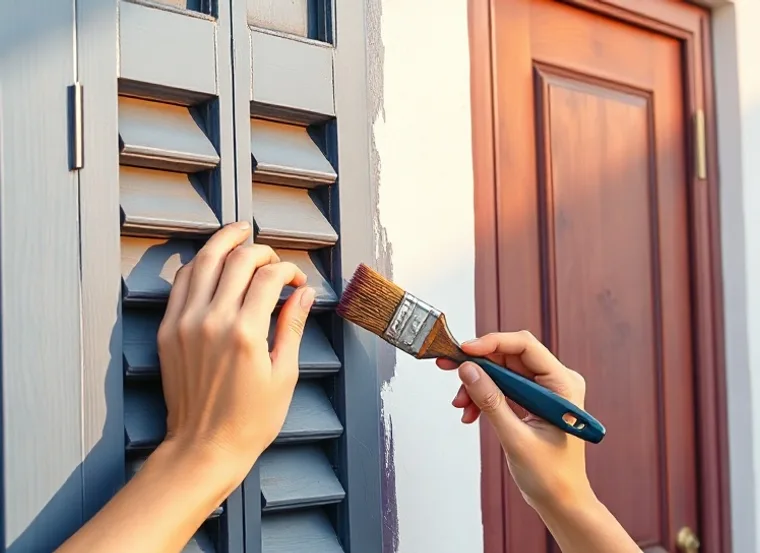 Mise en peinture au pinceau de volets et d'encadrements en bois