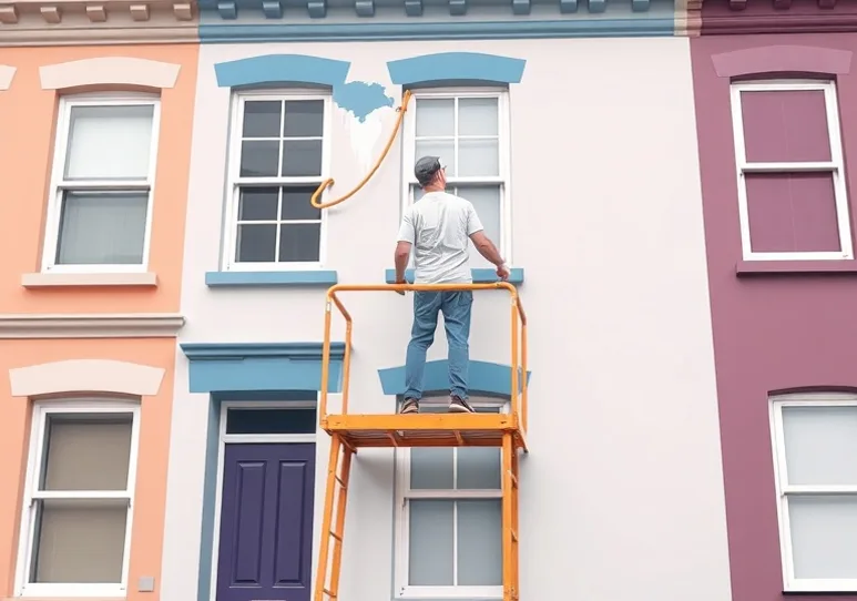 Peintre sur échafaudage traitant la façade d'une maison