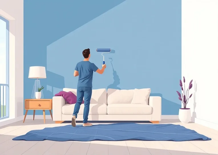 Peintre appliquant la peinture au rouleau sur un mur de salon